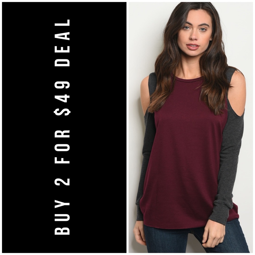 BURGUNDY COLD SHOULDER TOP - Picture 1 of 9